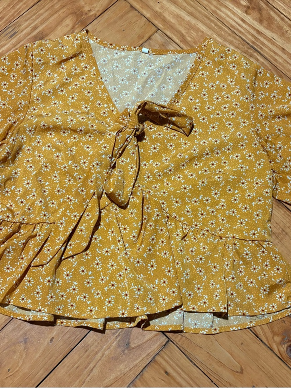 Mustard Yellow Floral Tie-Front Peplum Top Medium